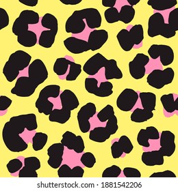 Ilustración vectorial Patrón de fondo sin fisuras de la impresión Leopard. Negro, rosa, amarillo
