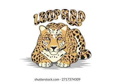 Ilustración vectorial de un leopardo descansando con letras de texto, lindo gato grande de la vida silvestre aislado sobre fondo blanco.
