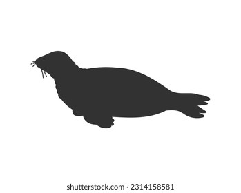 Vector illustration of leopard seal. Black silhouette, side view, profile of lying, swiming marine mammal isolated on white background. Flat design style for ocean wildlife concept.