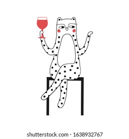 Vector illustration with leopard sitting on chair with red glass of wine. Funny print design with cartoon animal and alcohol