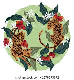  Vector illustration of leopards & coffee tree in Africa. Tropical vintage background for Wedding, anniversary, birthday and party. Design for wallpaper, banner, poster, card, invitation and scrapbook