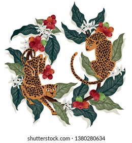  Vector illustration of leopards & coffee tree in Africa. Tropical vintage background for Wedding, anniversary, birthday and party. Design for wallpaper, banner, poster, card, invitation and scrapbook
