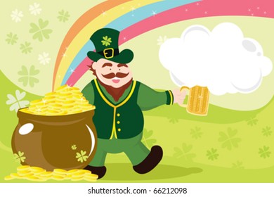 A vector illustration of a leprechaun with beer mug and pot of gold celebrating St Patrick day