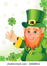 Vector illustration - leprechaun with clover in a hand