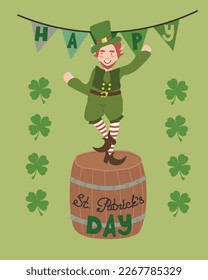 Vector illustration of a leprechaun dancing on a barrel. Saint Patrick Day card. Green background. Hand drawn lettering