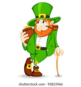 vector illustration of Leprechaun with gold coin pot