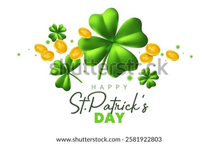 Vector illustration of leprechaun gold coin and clover with happy saint patricks day word on white background. 3d style design of template with irish green clover and golden coin for st patrick day