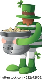 Vector illustration - leprechaun with gold. Congratulations on St. Patrick's Day. Shamrock and leprechaun in a traditional hat. 