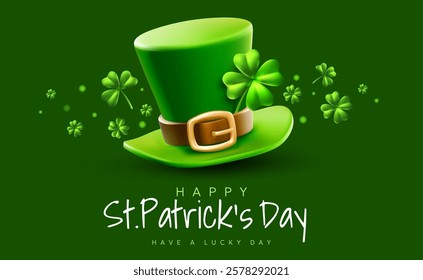 Vector illustration of leprechaun green hat with buckle and irish clover with happy saint patricks day word on green background. 3d style design of leprechaun hat and shamrock for st patrick day card