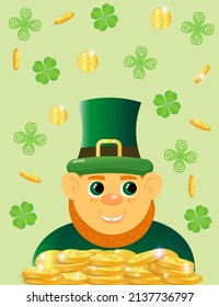 Vector illustration of leprechaun. Greeting card for St Patrick's day in flat style.