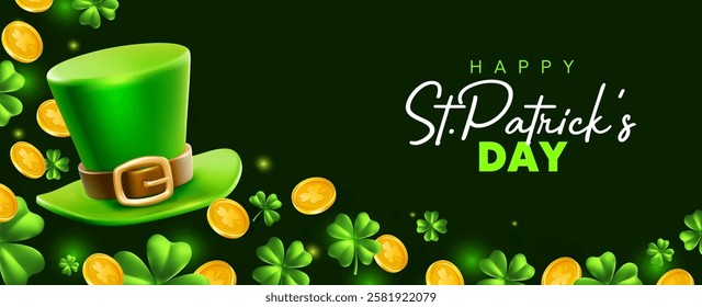 Vector illustration of leprechaun hat, green clover and golden coin with happy saint patricks day word on black background. 3d style design of template with hat, clover and gold for st patrick day