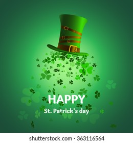 Vector illustration  leprechaun  hat and leaves clover.Vector green falling clovers.Background for St. Patrick's day


