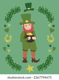 Vector illustration with a leprechaun holding a  pot of gold on green background. St Patrick's day design