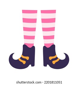 vector illustration of leprechaun legs isolated on white, poster for elf or saint patrick day, card of cute feet in striped stocking, carnival spring fest costume clothing