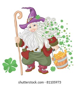 Vector illustration, leprechaun, lucky dwarf, card concept, white background.