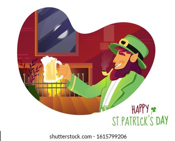 Vector illustration of Leprechaun Man Celebrating with Drinks and Smoking Pipe in Fireplace Living Room Interior Abstract Background for Happy St. Patrick's Day.