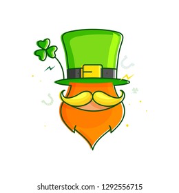 Vector illustration of leprechaun man face on white background for St.Patrick's Day celebration.