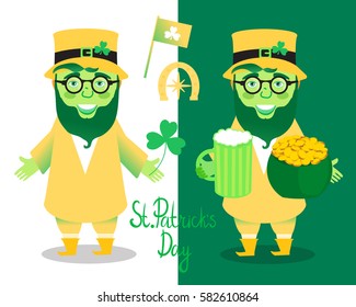Vector illustration. Leprechaun. National holiday St.Patrick 's Day. Cheerful laughter. Isolated on white and green background. With green beer, shamrock and a pot of gold coins.