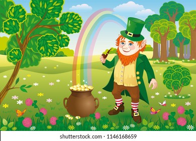 Vector illustration of a leprechaun next to a pot of gold and a rainbow