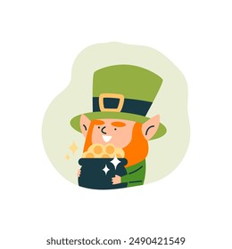 Vector illustration of a leprechaun with a pot of gold coins for St. Patrick's Day. Sticker of a cartoon character with a red beard and a green hat, done in a flat style on an isolated background.