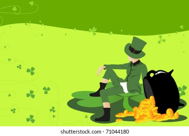 A vector illustration of a leprechaun and pot of gold celebrating St Patrick day