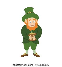 Vector illustration of Leprechaun with pot of gold.Isolated on white background.Cartoon character in flat style.St.Patrics day design