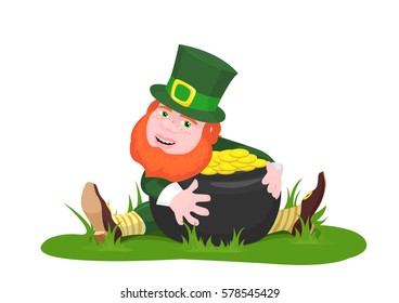 vector illustration of a leprechaun sitting on the grass hugging a pot of gold and smiling isolated on white background
