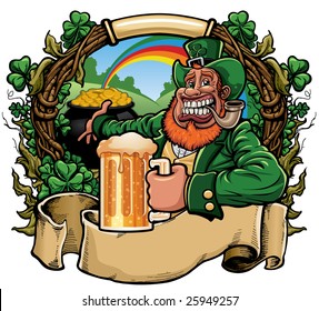 Vector illustration of a leprechaun smoking a pipe and holding a beer while showing a rainbow leading to a pot of gold. Includes blank banner and ornate wreath with clovers, vines and leaves.