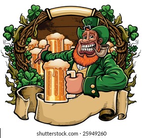 Vector illustration of a leprechaun smoking a pipe and holding a beer while showing many beers behind him. Includes blank banner and ornate wreath with clovers, vines and leaves.