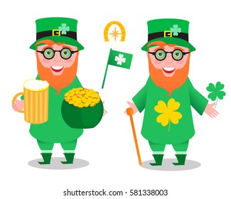 Vector illustration. Leprechaun. St.Patrick 's Day. With beer, shamrock and a pot of gold coins. Four Leaf Clover version. Isolated on white background.  Cheerful laughter.