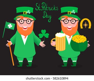 Vector illustration. Leprechaun. St.Patrick 's Day. With beer, shamrock and a pot of gold coins. Isolated on black background. Cheerful laughter.