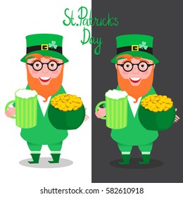 Vector illustration. Leprechaun. St.Patrick 's Day. With green beer, shamrock and a pot of gold coins. Isolated on white and gray background. Cheerful laughter.