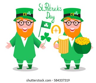 Vector illustration. Leprechaun. St.Patrick 's Day. With green beer, shamrock and a pot of gold coins. Isolated on white background. Cheerful laughter.