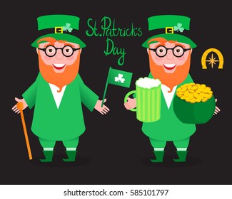 Vector illustration. Leprechaun. St.Patrick 's Day. With green beer, shamrock and a pot of gold coins. Isolated on black background. Cheerful laughter.