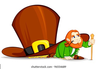 vector illustration of Leprechaun under hat full of gold coin