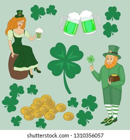 Vector illustration of Leprechaun,pretty girl with beer,golden coins,mugs with green beer and clover leales.Set of traditional elements for St.Patrick`s day design