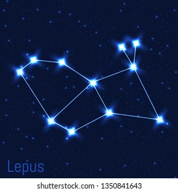 Vector illustration of Lepus constellation. Astronomical Hare. Cluster of realistic stars in the dark blue starry sky.