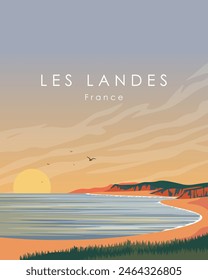 Vector illustration. Les Landes France. Poster, banner, postcard, cover, packaging, sticker. Modern design. Beach, nature, tourism, travel. Vertical poster.