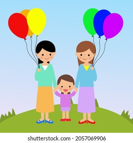 Vector illustration of a Lesbian Couple Playing With Child Daughter and holding colorful balloons. LGBT family.