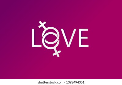 Vector illustration of lesbian flag poster with love sign on purple background. Simple LGBT symbol wallpaper. Modern print. Vector graphic.
