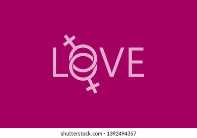 Vector illustration of lesbian flag poster with love sign on purple background. Simple LGBT symbol wallpaper. Modern print. Vector graphic.
