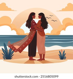 Ilustración vectorial de una pareja india lesbiana de pie en la playa y viendo la puesta de sol abrazándose románticamente con amor