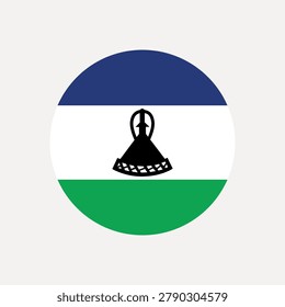 Vector illustration of the Lesotho flag in a circular design, featuring blue, white, and green stripes with a black Basotho hat emblem.