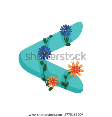 Vector illustration of a less than sign decorated with blue and orange floral arrangements.