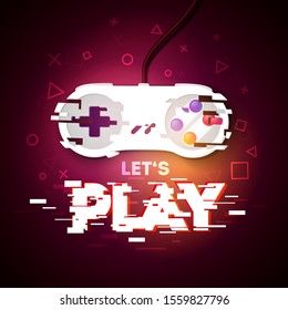 Vector illustration Let's Play neon sign. Game pad with glitch effect.