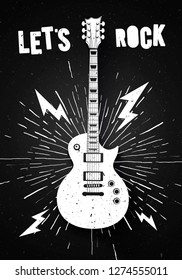 Vector Illustration Lets Rock Music Print Graphic Design with Guitar. Vintage Stamp Label. T-Shirt Lettering Artwork With  Grunge Effect