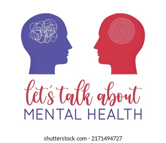 Vector illustration of Let's talk about Mental Health brush lettering with 2 Head human silhouette isolated on white background. Concept of Psychology, Dual personality, Tangle and untangle brain