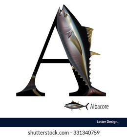 Vector illustration of Letter A is Albacore fish alphabet. English abc with animals Education on White background.
