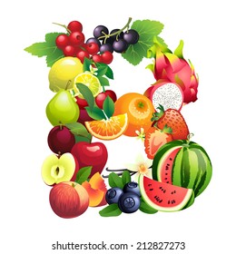 Vector Illustration Letter B composed of different fruits with leaves