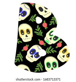 
vector illustration the letter B in English black with skeletons and flowers on a white background
